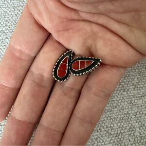 Sterling Silver Red Coral Inlay Teardrop Stud Earrings Southwestern Style